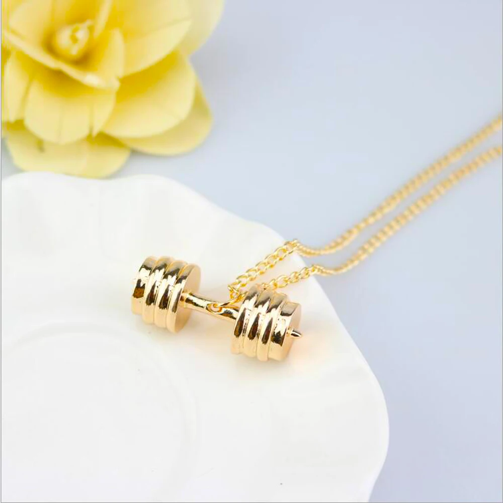 Gold Barbell Dumbbell Pendant Necklace Kettlebell Women Fitness