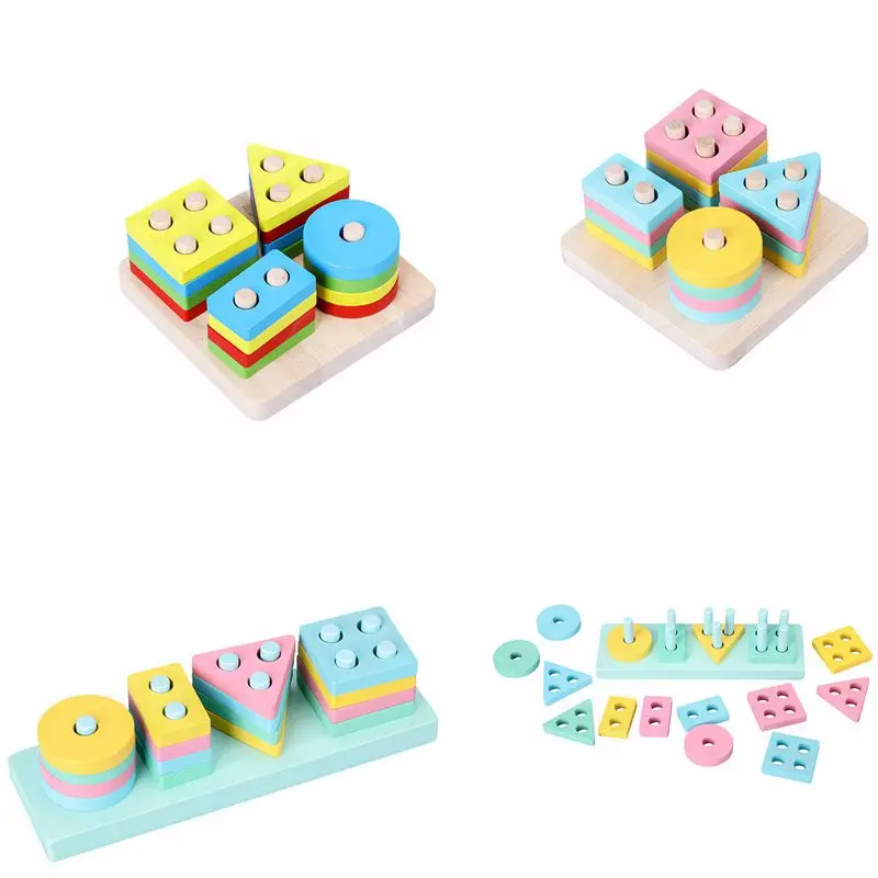 

Early educational Toy Children's Wooden Toys Macarons Four Sets Of Columns Four Colors Shapes Matching Sets Of Columns