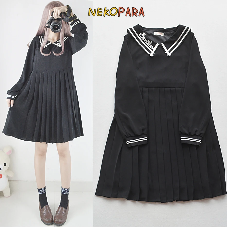 

SMILE! Cute Girl Preppy Style Women's Winter Dress Long Sleeve Pleated Sailor Collar Dress One Piece Color Black 2018 Autumn
