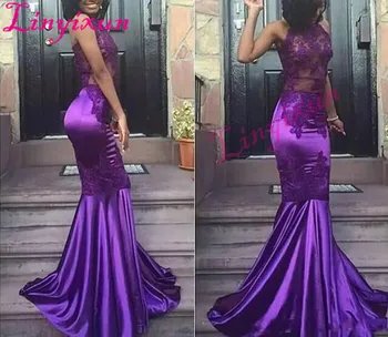 

2018 Purple Halter Neck Mermaid Prom Dresses Cheap Sleeveless Sexy Lace Appliques Dresses Evening Wear Arabic Party Gowns