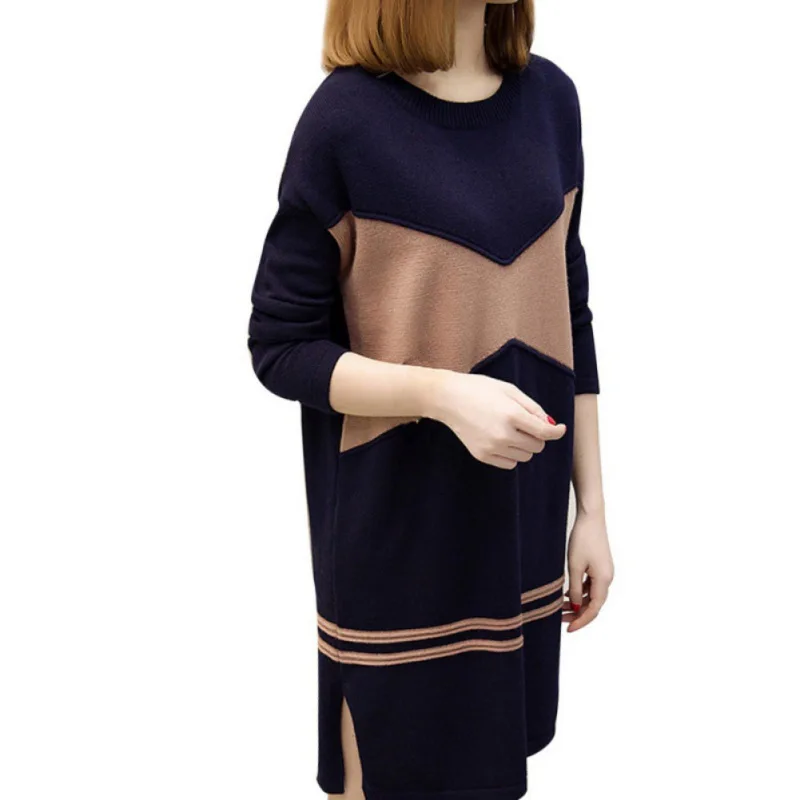 

Autumn New Loose Women Dress Patchwork Color Round Neck Dress Long Sleeve Vestido M-3XL Size