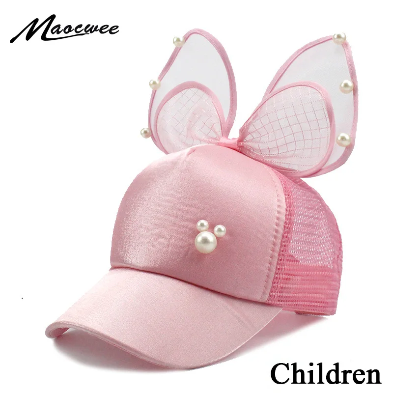 Модная летняя детская бейсбольная кепка с большим бантом и цветочными ушками черного, белого и розового цветов с жемчужинами, Детские Солнцезащитные кепки, сетчатая Кепка принцессы