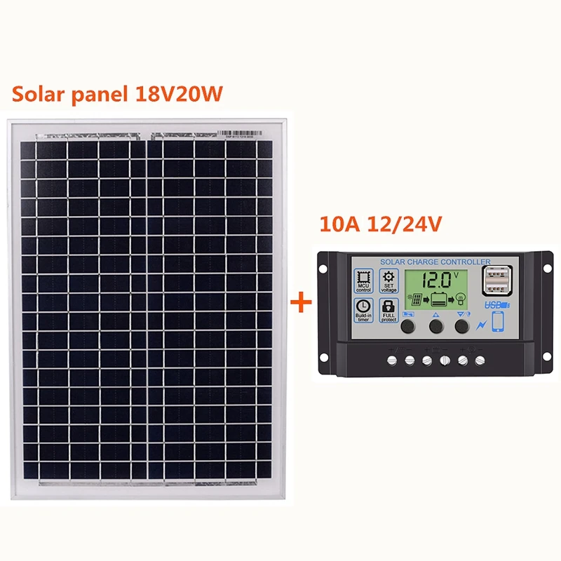 Черный 18V20W на солнечных батареях + 12 V/24 V Солнечный контроллер с USB Интерфейс