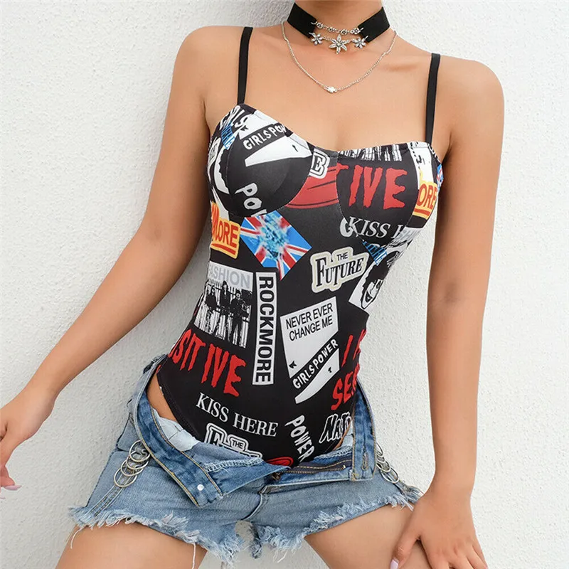 

Stylish Women Sexy Clubwear Bandage Print Flowers Letters Bodysuit Jumpsuit Playsuit Sleeveless Strap Slim Outwear Leotard Tops