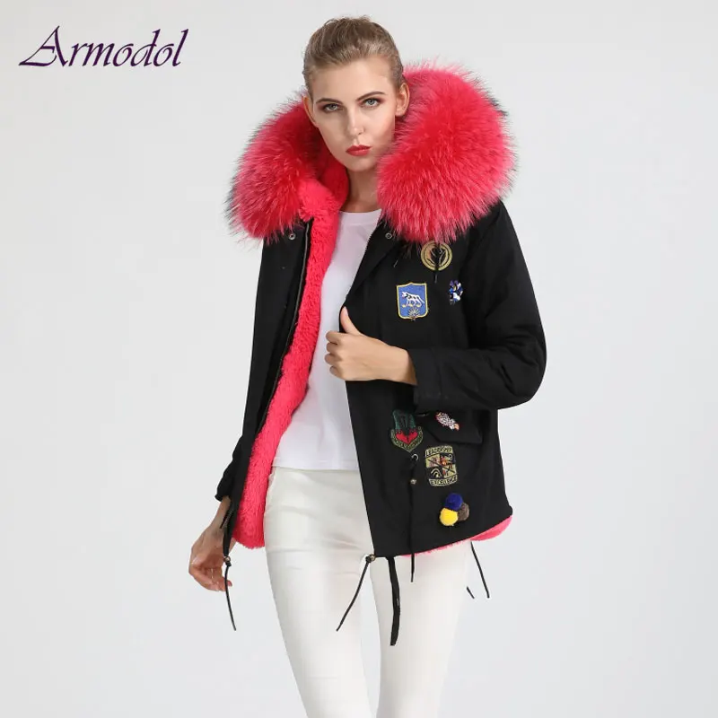 Couleur Veste Grand Parka Noir Décoration Sexy Fourrure Style Hiver Col Femmes 2017 Badge De xC4TIgCqw