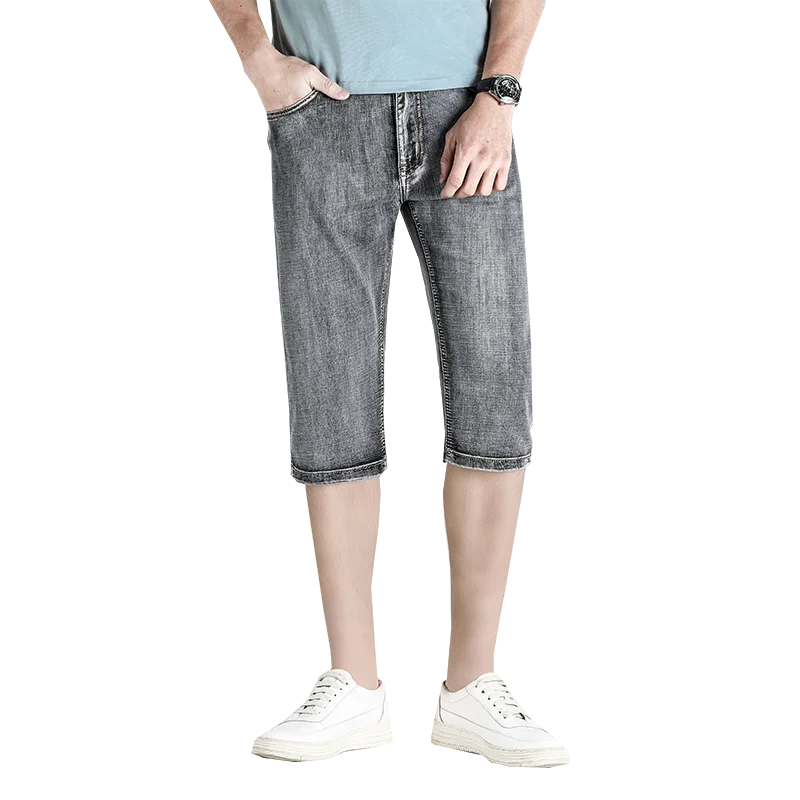 

Men's Denim Shorts Summer Grey Short Trousers Micro Stretch Breeches Vintage Bermuda Male Jeans Length 3/4 Pants Long Shorts Men