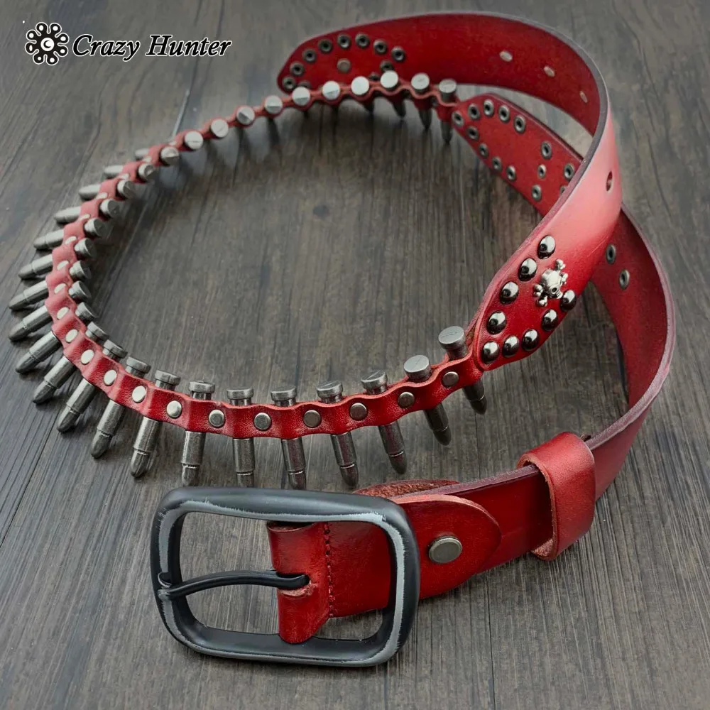 Red Genuine Leather Belt with Solid Metal Bullet studded for Women or