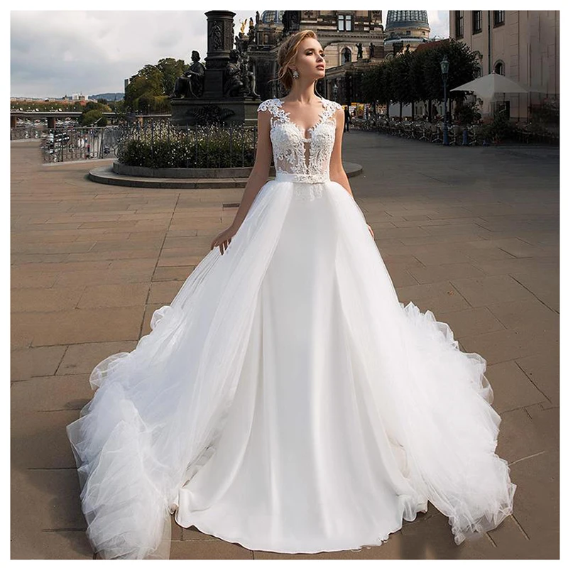 

SoDigne Ball Gown Wedding dress with Detachable train Lace Appliques See Through Back Bride Gowns Wedding Gowns Custom Made