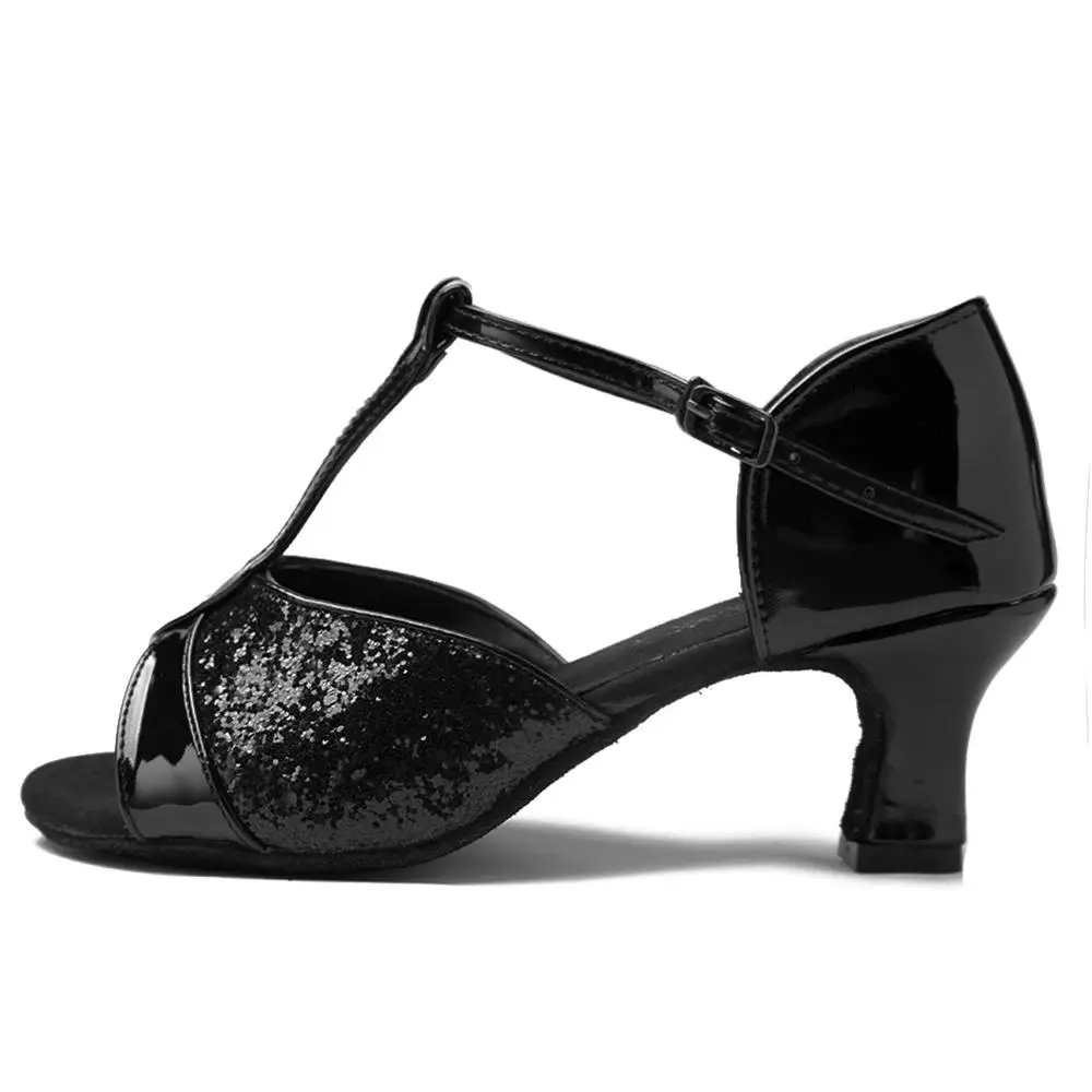 Горячая Распродажа, Женская Обувь для бальных танцев, латинских танцев, танго, обувь на каблуке 7 см/5 см, серебряного, золотого, черного, коричневого цвета,, WZSP22-1 - Цвет: 5cm heels black