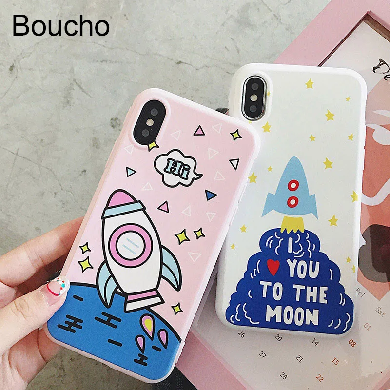 Boucho TPU Phone Case For iphone X 6 6s 7 8 Plus Spacecraft Pattern Back Cover Soft Silicone Cases Iphone 7plus 8plus |