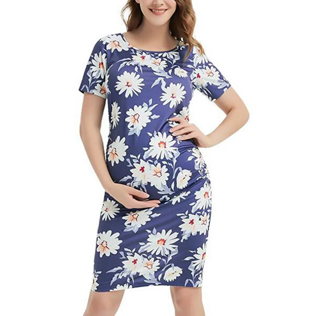 vetement femme Дамская мода для беременных Одежда для беременных платье для женщин цветочный принт круглый вырез для кормящих с коротким рукавом платье