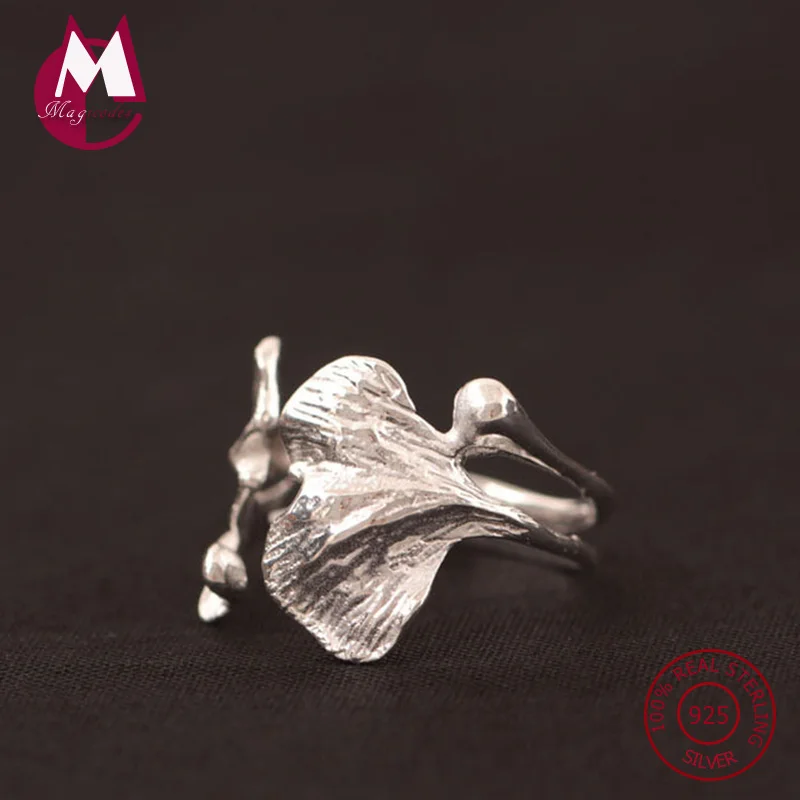 

925 Sterling Silver Rings For Women Original DIY Handmade Double Leaves Vintage Geometric Ginkgo Ring Jewelry Accessories YR34