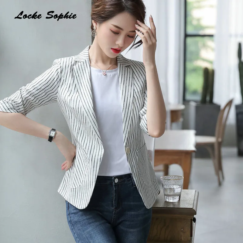 1pcs Womens Plus size Blazers coats 2019 Autumn cotton blend stripe Small pockets Small Suits jackets ladies Skinny Blazers Suit