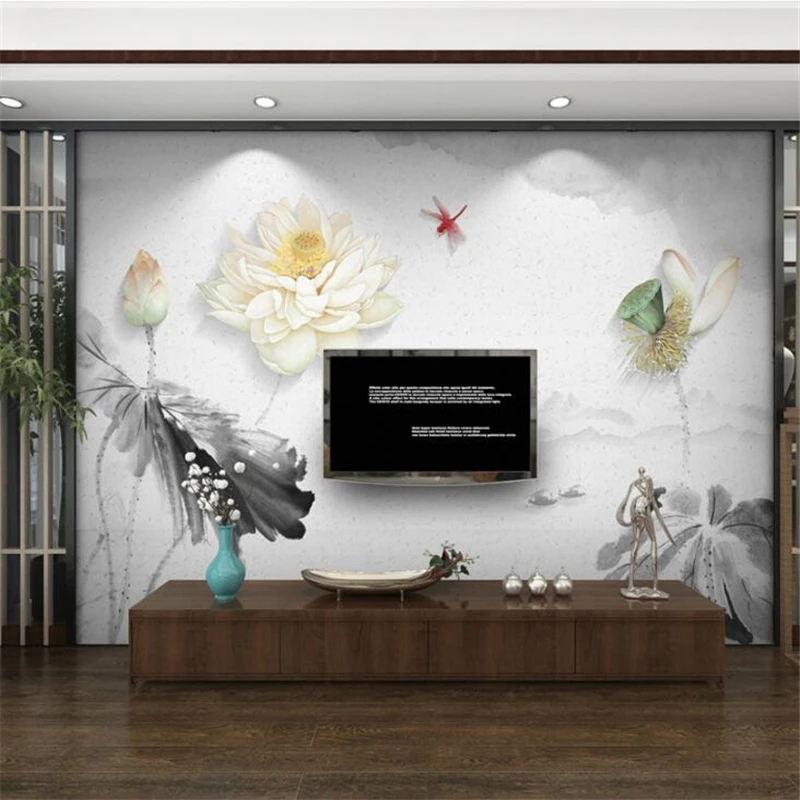 

wellyu wall papers home decor Custom wallpaper New Chinese three-dimensional relief ink lotus TV background wall tapety