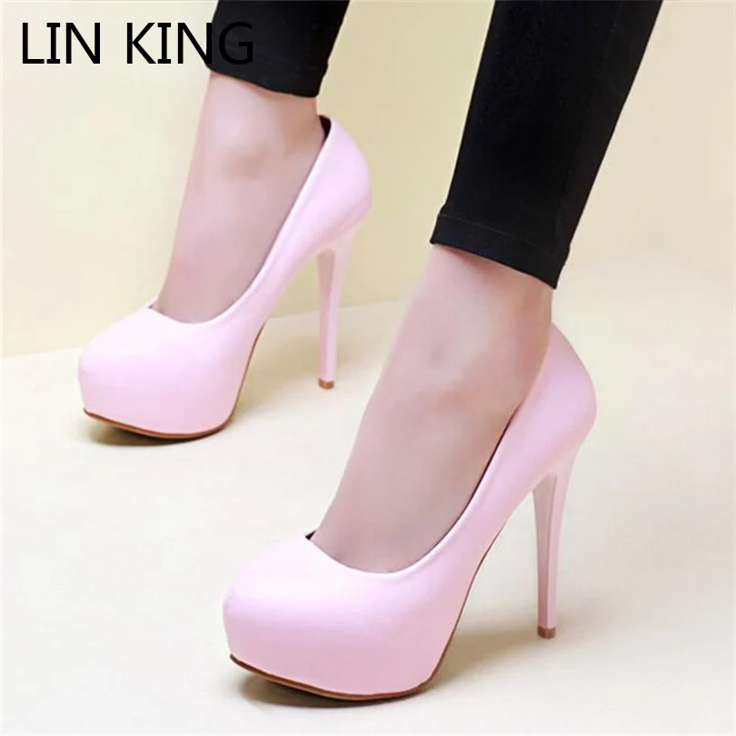 LIN KING High heeled Pumps Spring/Autumn Platforms Thin Heel Shoes Women Pumps Slip On Shallow