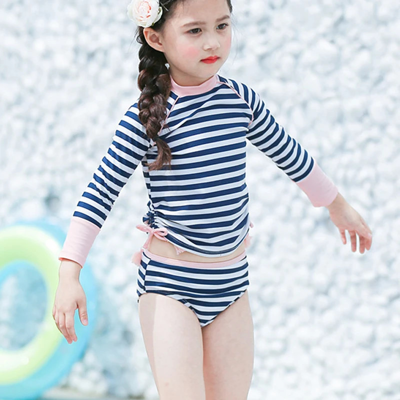

Baby Girls Striped Swimsuits 2Pcs Swimming Suits Sunproof Long Sleeve Tops+Shorts Pants Toddler Swimwear Children Kids Swim Suit
