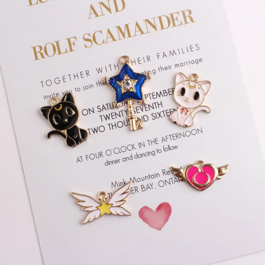 10PCS Alloy Black Cat Wings Heart Magic Wand Pendant Enamel Charms For Handmade Necklace Keychain Fashion Personality | Украшения и