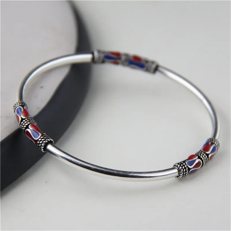 

JINSE 925 Sterling Silver Bangle Bracelet Retro Ethnic Style Cloisonne Enamel Thai Silver Bangle 3mm 11g WTB078