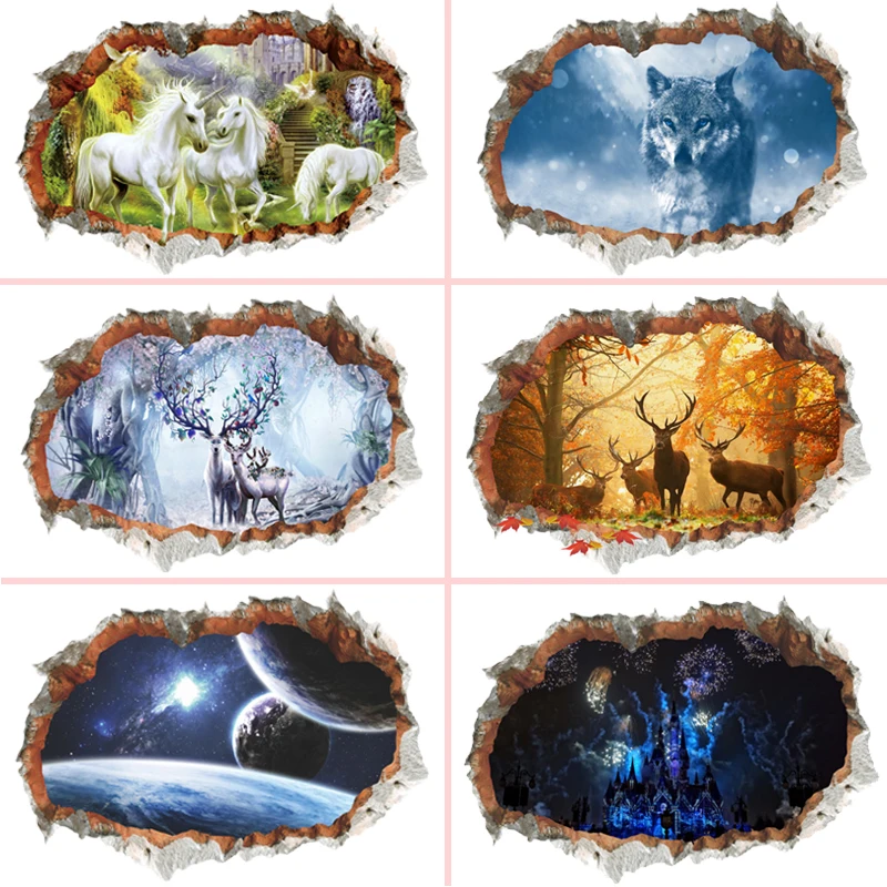 

3d Broken Wall Hole Wall Stickers For Office Living Room Bedroom Home Decoration Diy Animal Deer Wolf Scenery Mural Art Decals