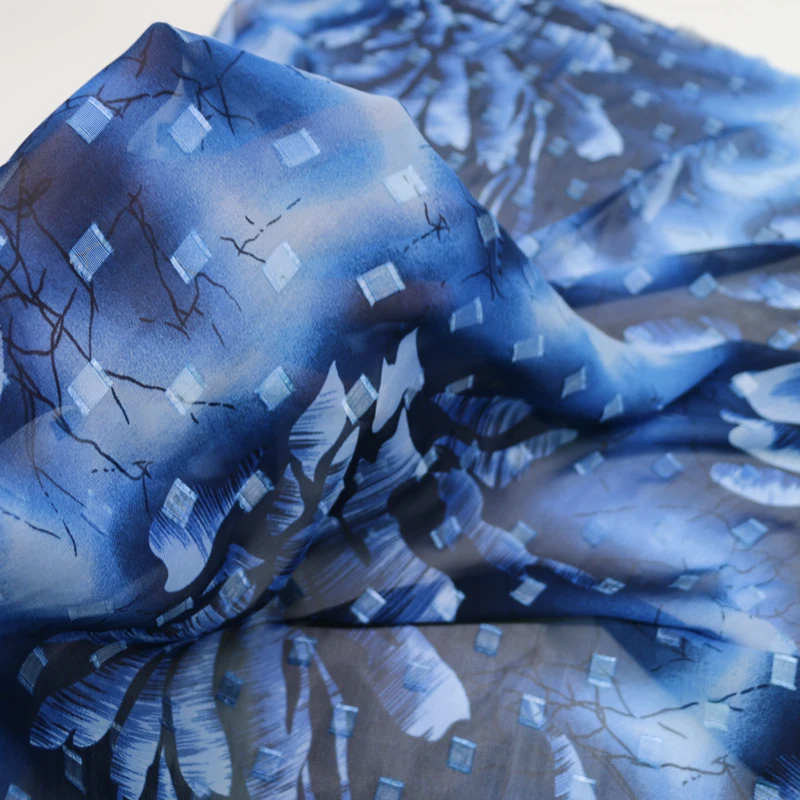 

Vintage blue silk georgette fabric quality jacquard silk chiffon gauze large flower 100cm*114cm