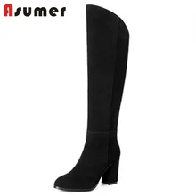 ASUMER/Размер 33-40, г. Модные сапоги до колена из коровьей кожи женские сапоги на высоком квадратном каблуке с острым носком на молнии Повседневная обувь