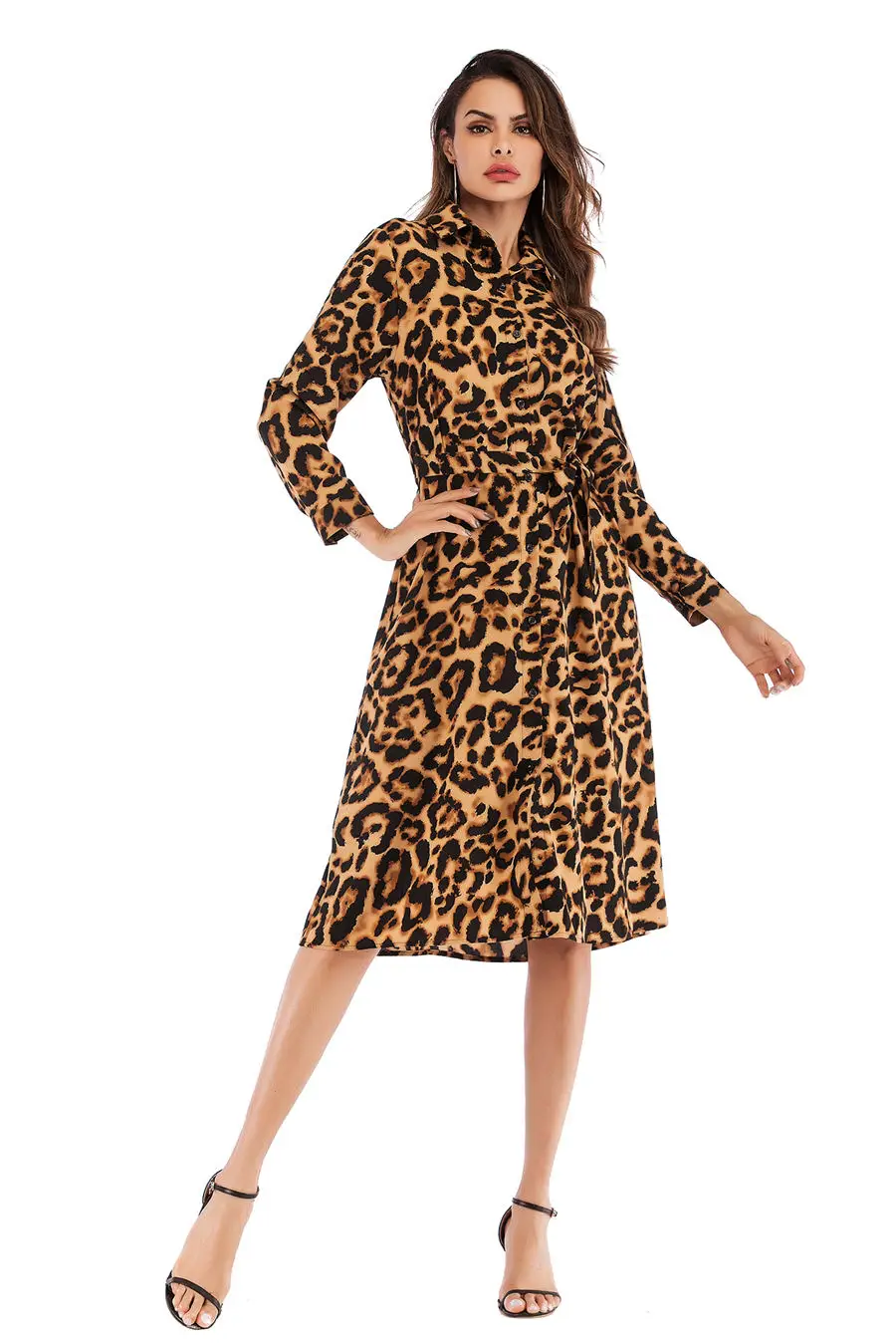 Gladiolus Chiffon Spring Dress Women 34 Sleeve Turn-Down Collar Leopard Print Belt Women Shirt Dress 2019 Autumn Sexy Dresses (22)