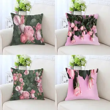 

Small Fresh Pink Flower Cushion Garden Rose Petals Bouquet Green Leaves Romantic London England Plush Pillow For Home Decoration