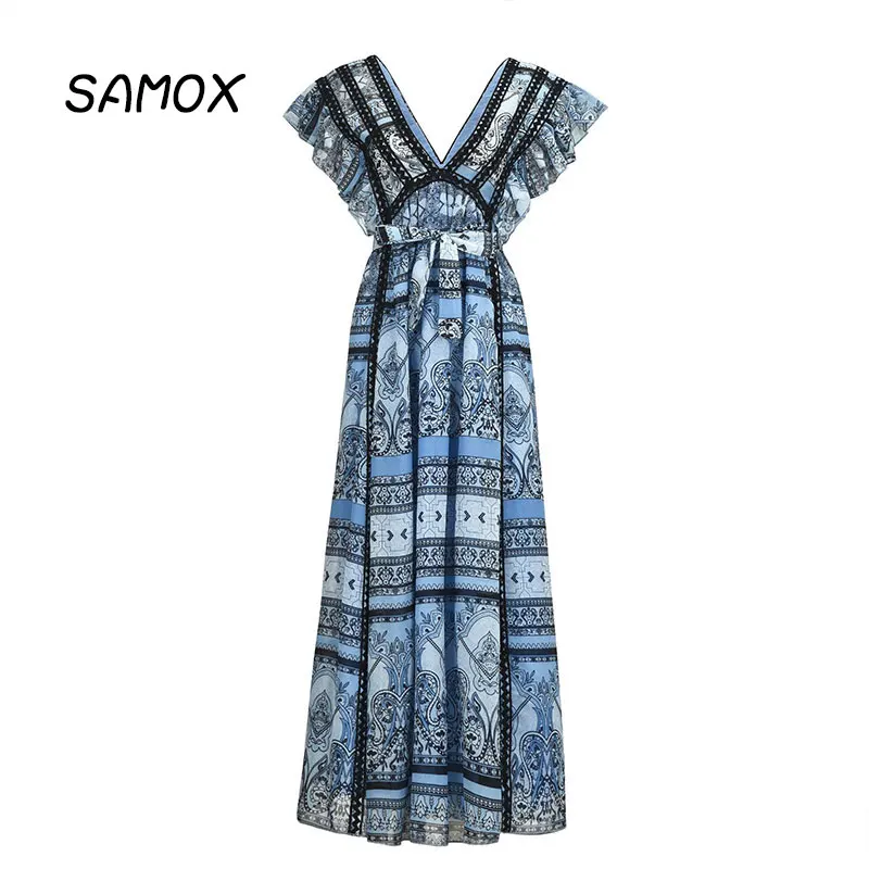 JSMY 2019 New Summer Beach Dress Fashion Women V-neck Backless Ruffle Lace Chiffon Printing Dress