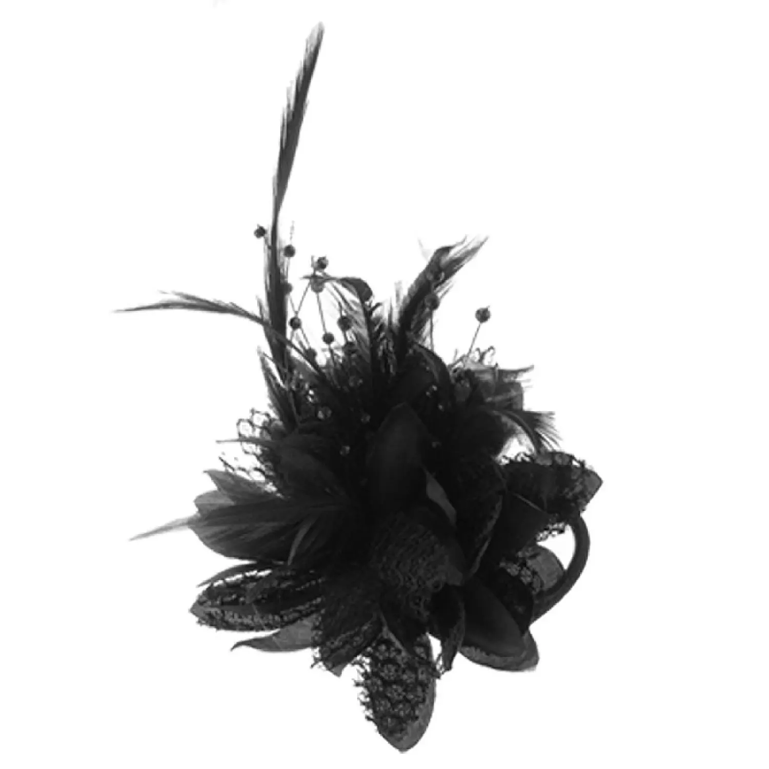 

Flower Design Feather Decor Hair Band Tie Safety Pin Brooch Black