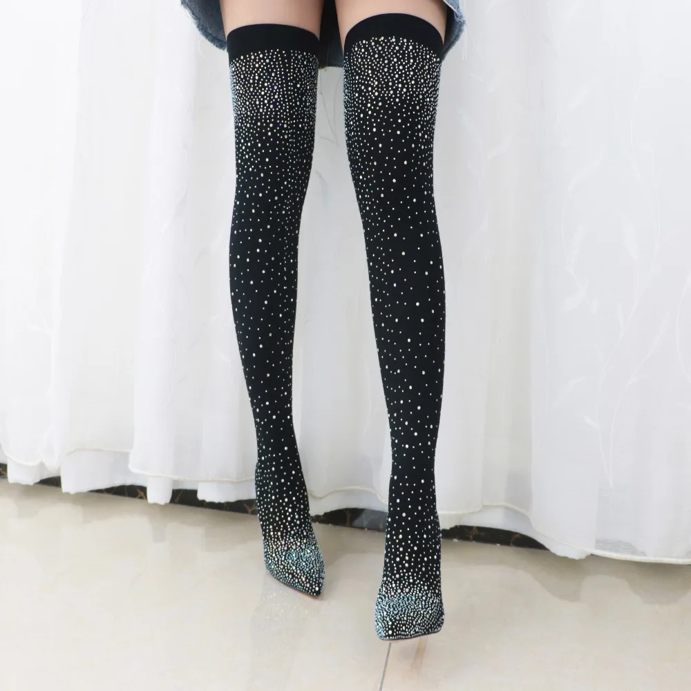 

2018 Fashion Crystal Stretch Fabric Sock Boots Sexy Pointed Toes Over-The-Knee Stiletto Heel Tight High Slip-On Woman Long Shoes