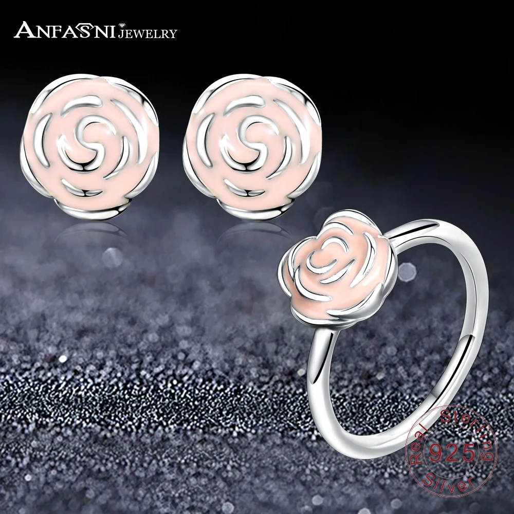 

ANFASNI Fasion Original 925 Sterling Silver Rose Petal Garden Pink Enamel Wedding Jewelry Sets Stud Earrings and Ring Jewelry