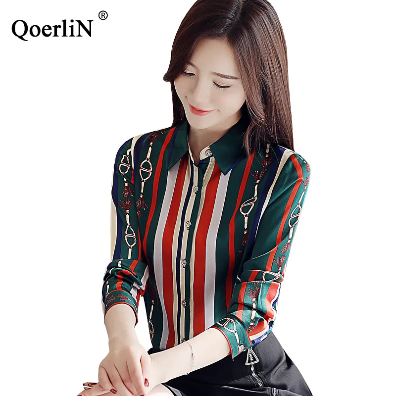 

QoerliN Printed Long Sleeve Blouse Women 2019 Fashion Spring Elegant Turn-Down Collar Shirts OL Formal Shirts Ladies Plus Size