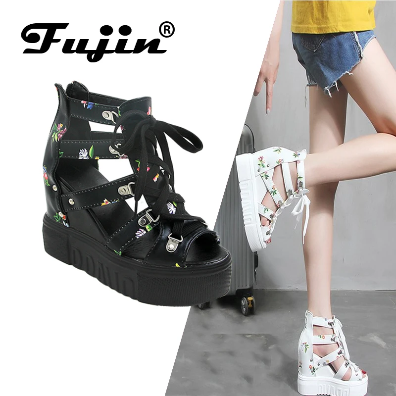 

Fujin Brand 2019 Spring and Summer New High-heeled Sandals Wedge with PU Straps Printed Sandals Roman Retro Style High Quality