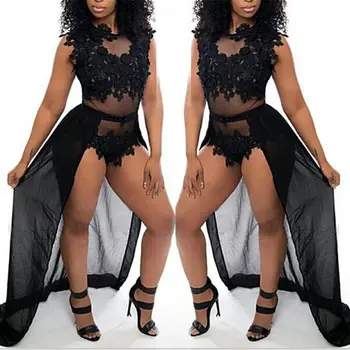 

New Sexy Womens Bodycon Bodysuit Sleeveless Mesh Lace Translucent Evening Split Jumpsuit M-2XL