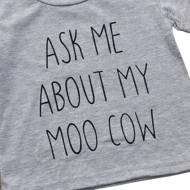 Забавная футболка для мальчиков новые рубашки с надписью Ask me Moo Cow детские топы