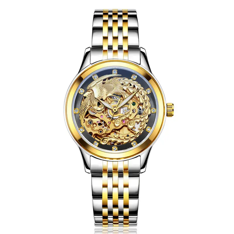 Роскошные Брендовые Часы женские Автоматические механические часы для женщин золотые Феникс водонепроницаемые механические наручные часы Senhoras Assistir - Цвет: Silver black