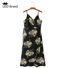 Leo Grand women sexy spaghetti strap V neck dress floral printed irregular dresses high waist vestidos mujer 902220