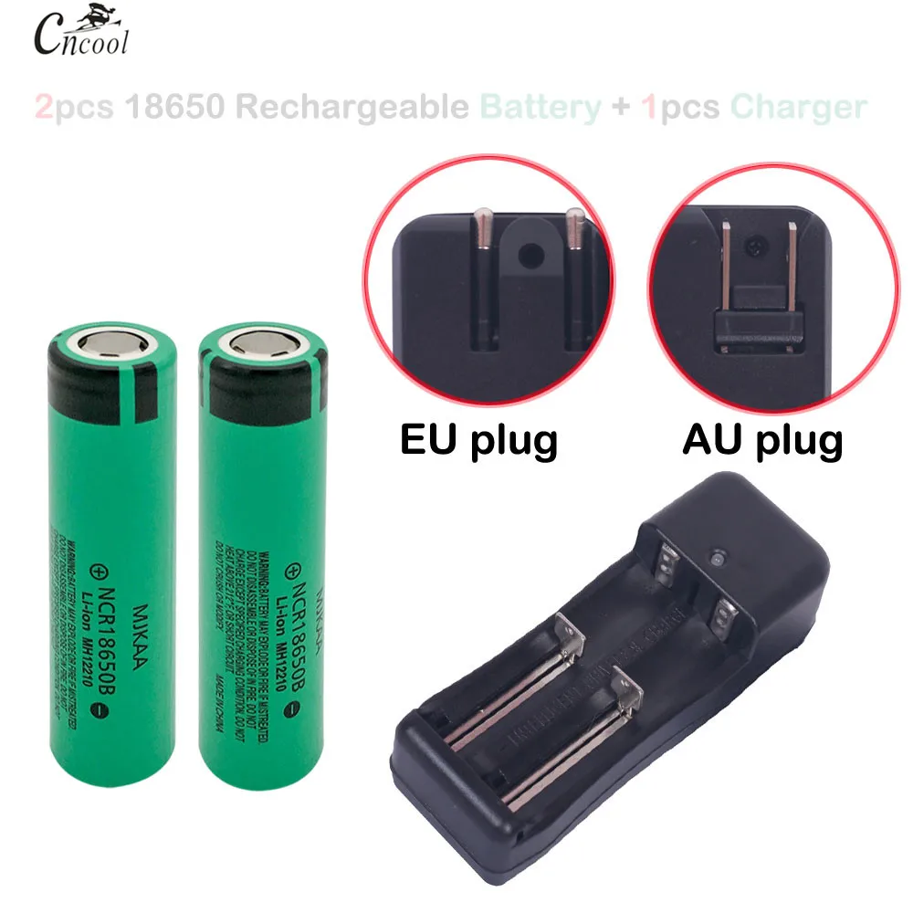 

Cncool 18650 3400mAh Battery + 1pcs 2 Slots Charger for Li-ion 3.7V 2pcs Rechargeable Batteries