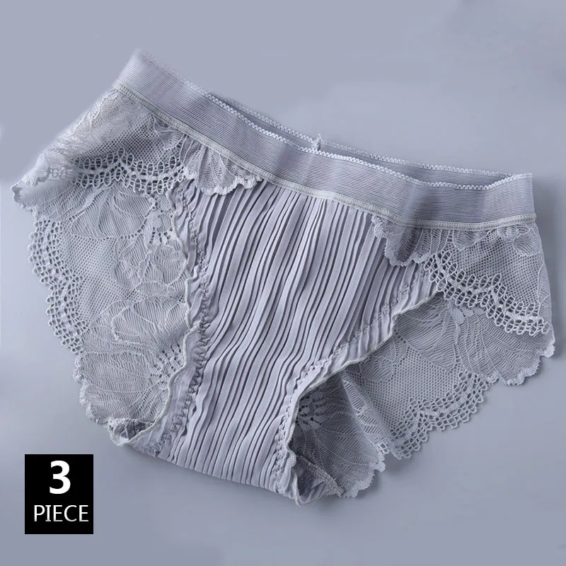 3PCS/Lot Chiffon Pleated Fabric Delicate Lace Women Panties Low Waist Seamless Lady Underwear