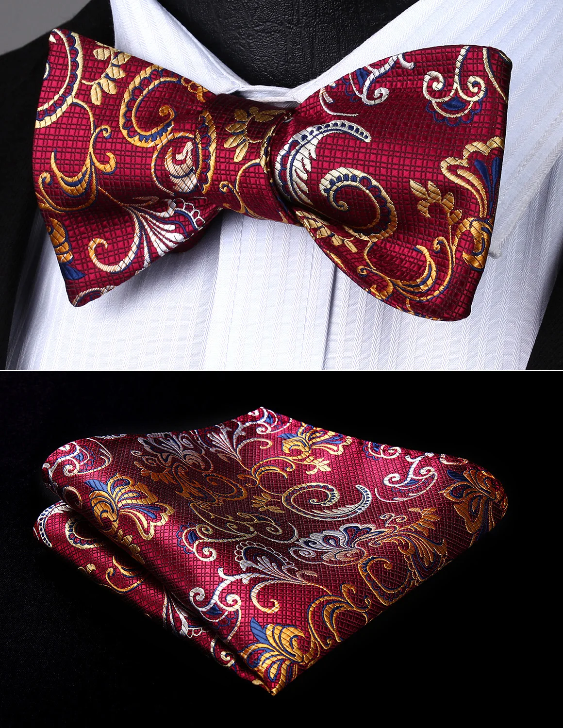 BF901US Burgundy Yellow Floral Bowtie Men Silk Self Bow Tie