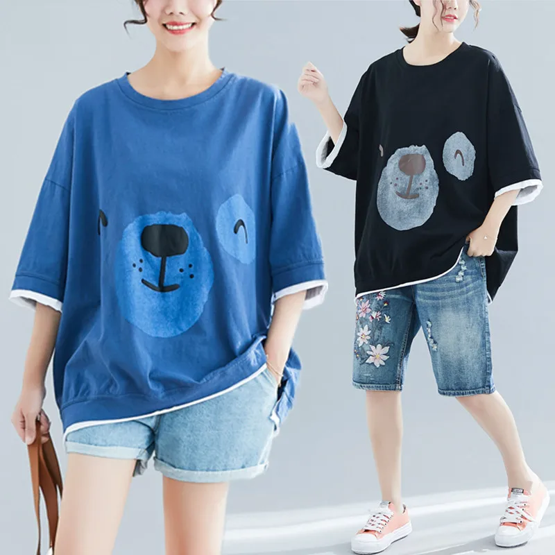 

BIG SIZE 5XL Summer Women Fashion Cute Cartoon Print Tops Tee Ladies Female Plus Large Short Sleeve Loose Cotton Spliced T shirt