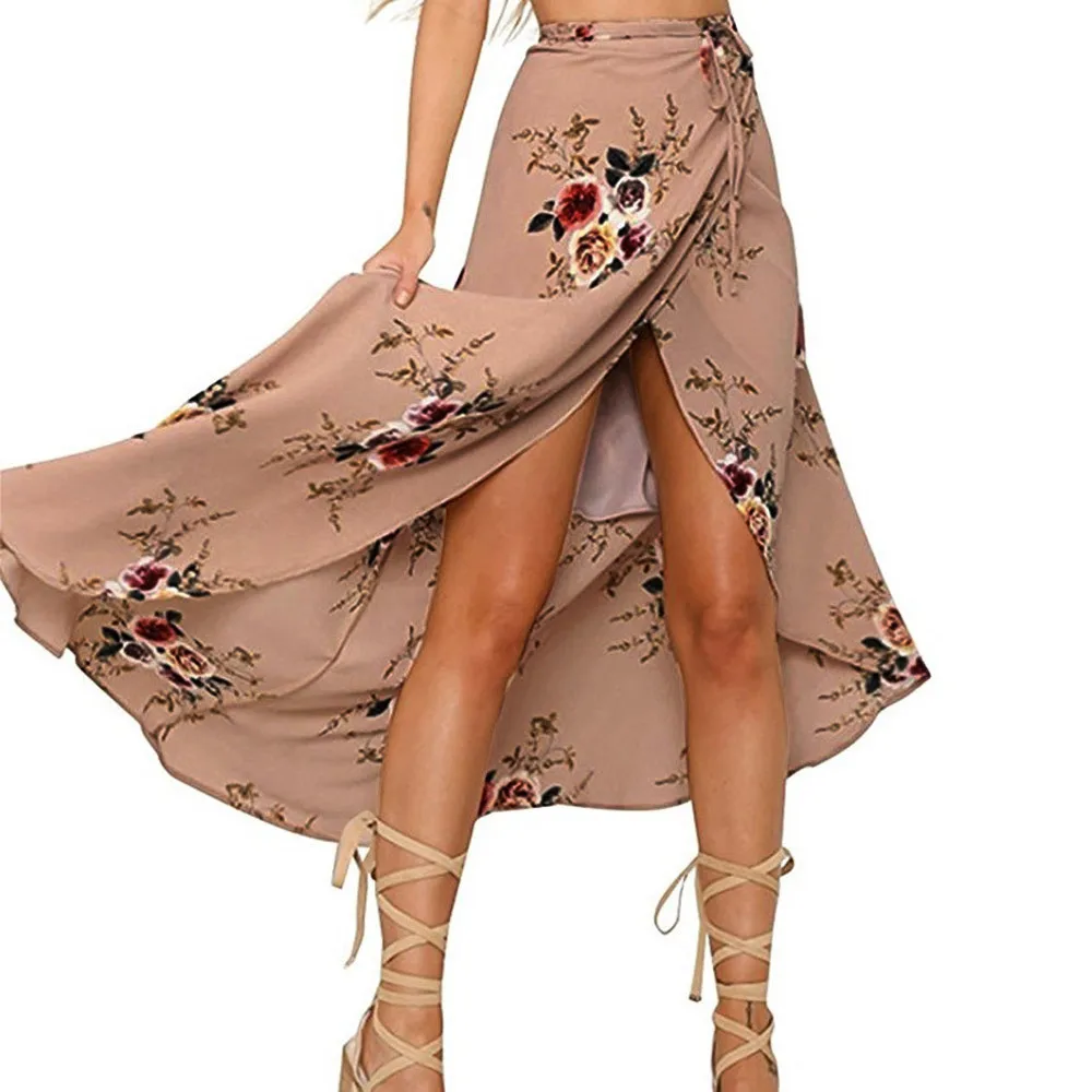 

2018 Women Chiffon Long Skirts Bohemian Asymmetrical Splits Ends Printing Sandy Beach Skirt Summer Beach Long Skirt