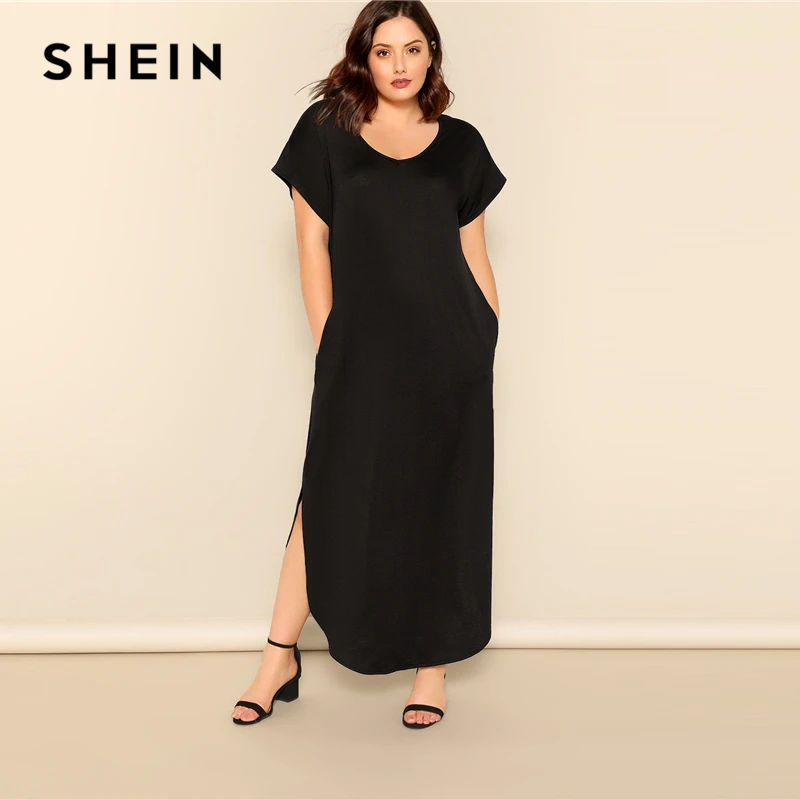 

SHEIN Plus Size Black Slant Pocket M-Slit Hem Maxi Dress 2019 Women Summer Casual Pocket V neck Short Sleeve Solid Long Dreeses