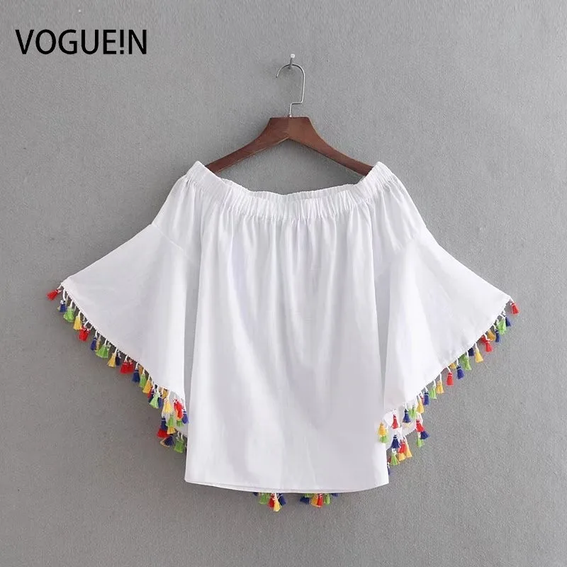 

VOGUEIN New Womens Summer Slash Neck White Colorful Tassels Blouse Shirt Tops Wholesale
