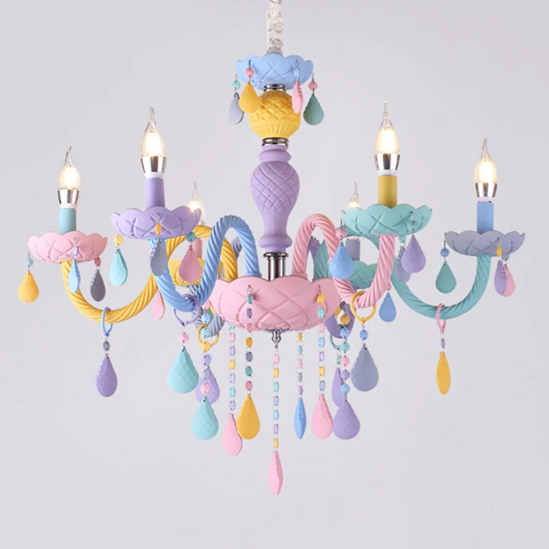 Personality colorful glass for children's room decoration chandelier macaron color crystal LED E14 lighting hanging chain adjust - Цвет абажура: 6 lights