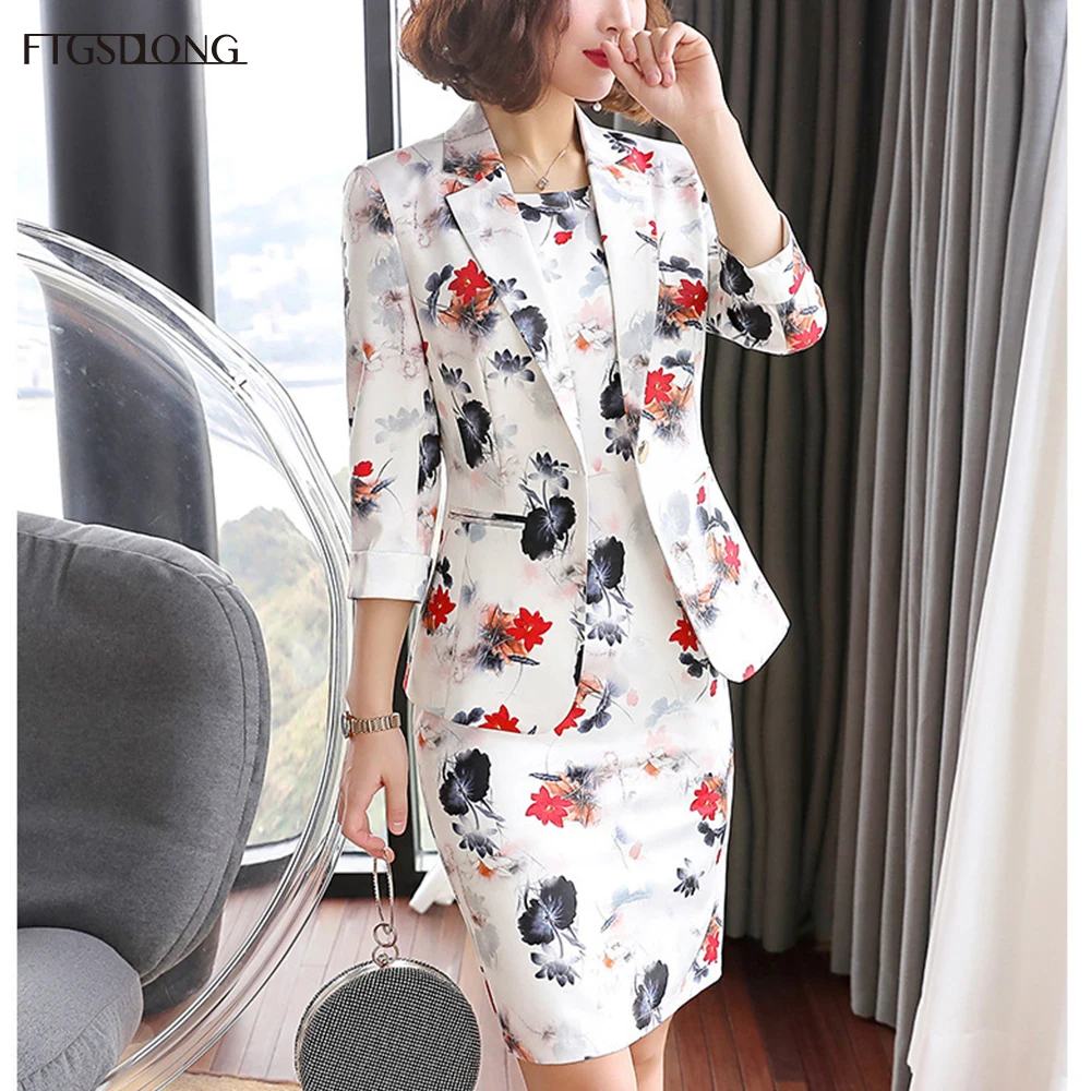 

FTGSDLONG 2019 Women 2 Piece Blazer Set New Fashion Dress Suits for Lady Full Button Flower Print Blazer and Sleeveness Dresses