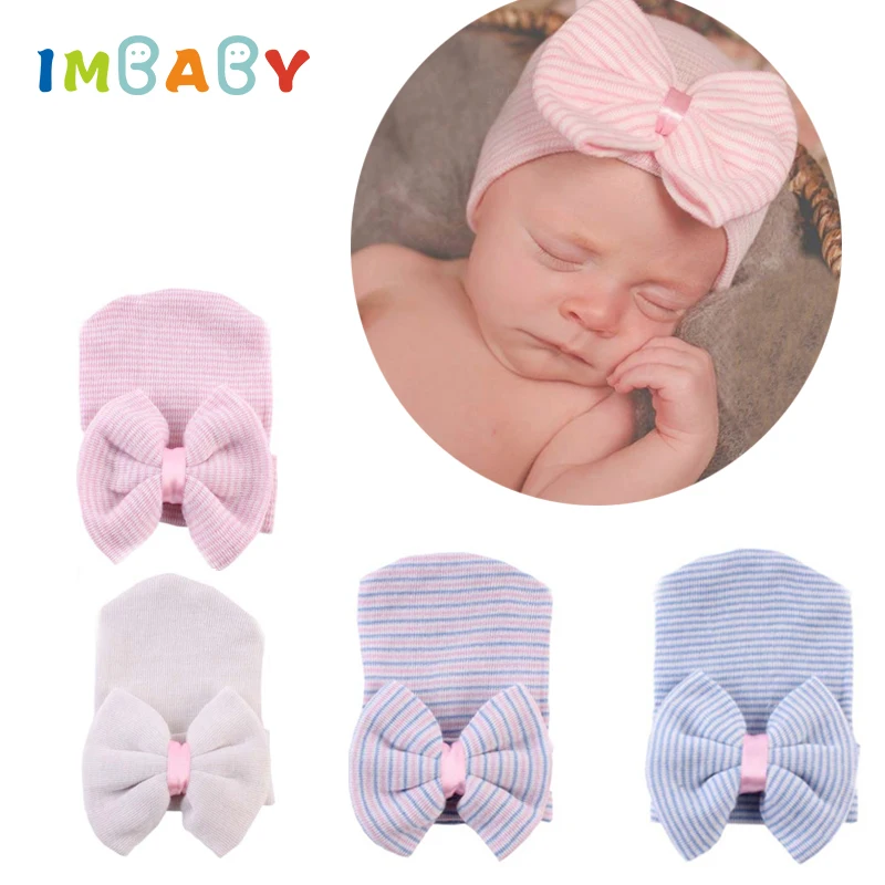 

IMBABY Superior Baby Girl Hats Kids Photography Accsessories Knitted Cap With Big Bow Baby Hats Striped Soft Toddler Girl Hat