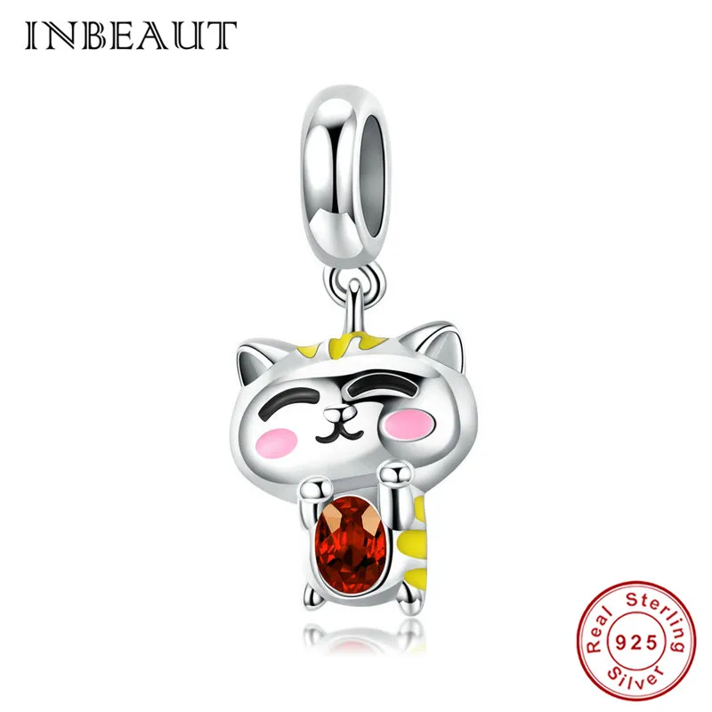 

INBEAUT DIY Animal Beads Gift 925 Sterling Silver Lovely Red Cubic Zirconia Bag Yellow Hair Shy Cat Charm fit Pandora Bracelet