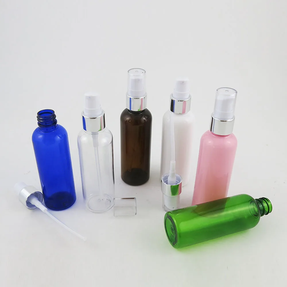 

24 x 100ml Travel Portable Refillable Lotion Cream Plastic Bottle with Shiny Sliver Pump Round Shoulder Cosmetic Bottles