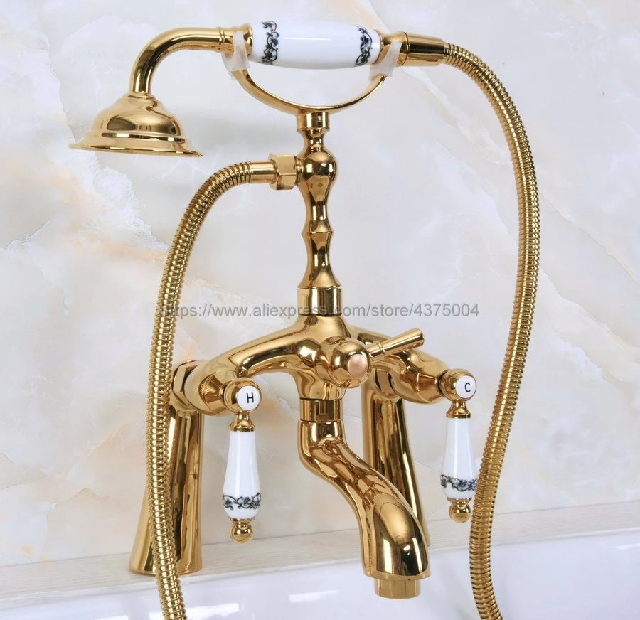 Bathtub Faucets Golden Deck Mounted Shower Faucet Set Ceramic Handle